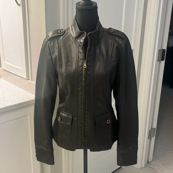 Frida G Leather Look Motorcycle coat with button detail - Picture 8 of 8